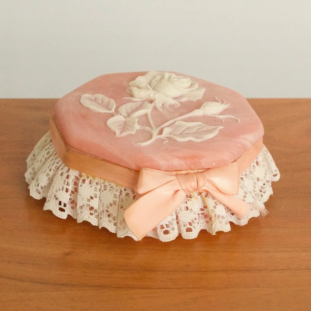 Vintage Pink Stone Trinket / Jewelry Box Rose with Ribbon Bow and Lace